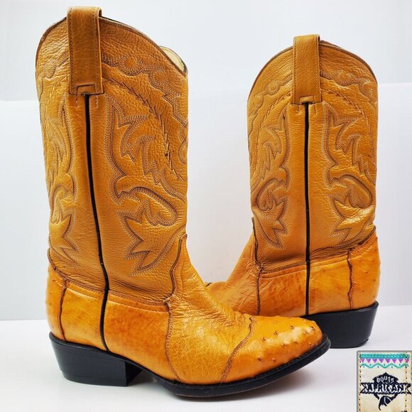 Ostrich Cowboy Boots African Only Leather Stitched Mexico "25.5" Men's 6.5 US - Picture 1 of 13